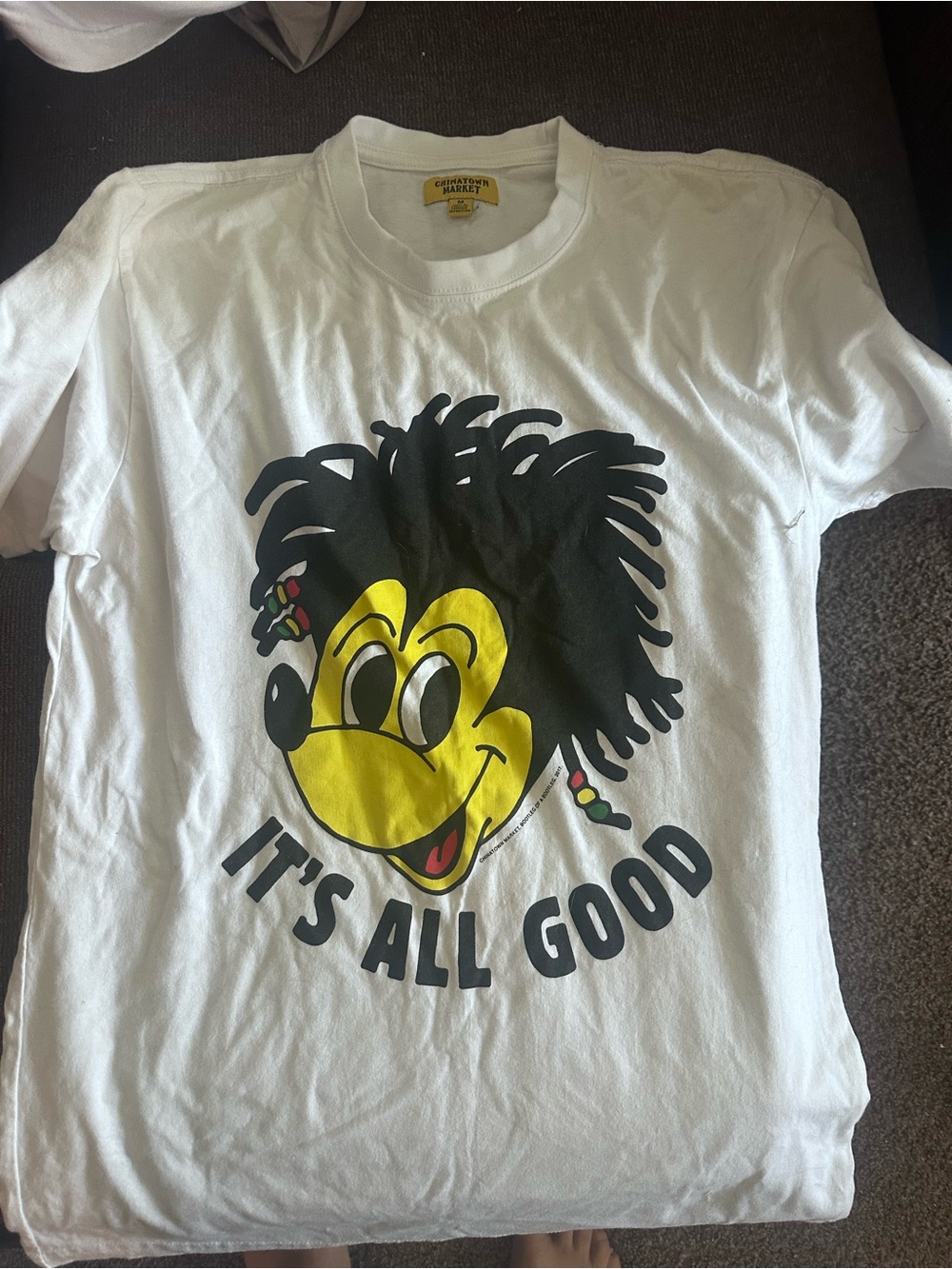 White Graphic Short Sleeve Tee with Yellow Character - It's All Good